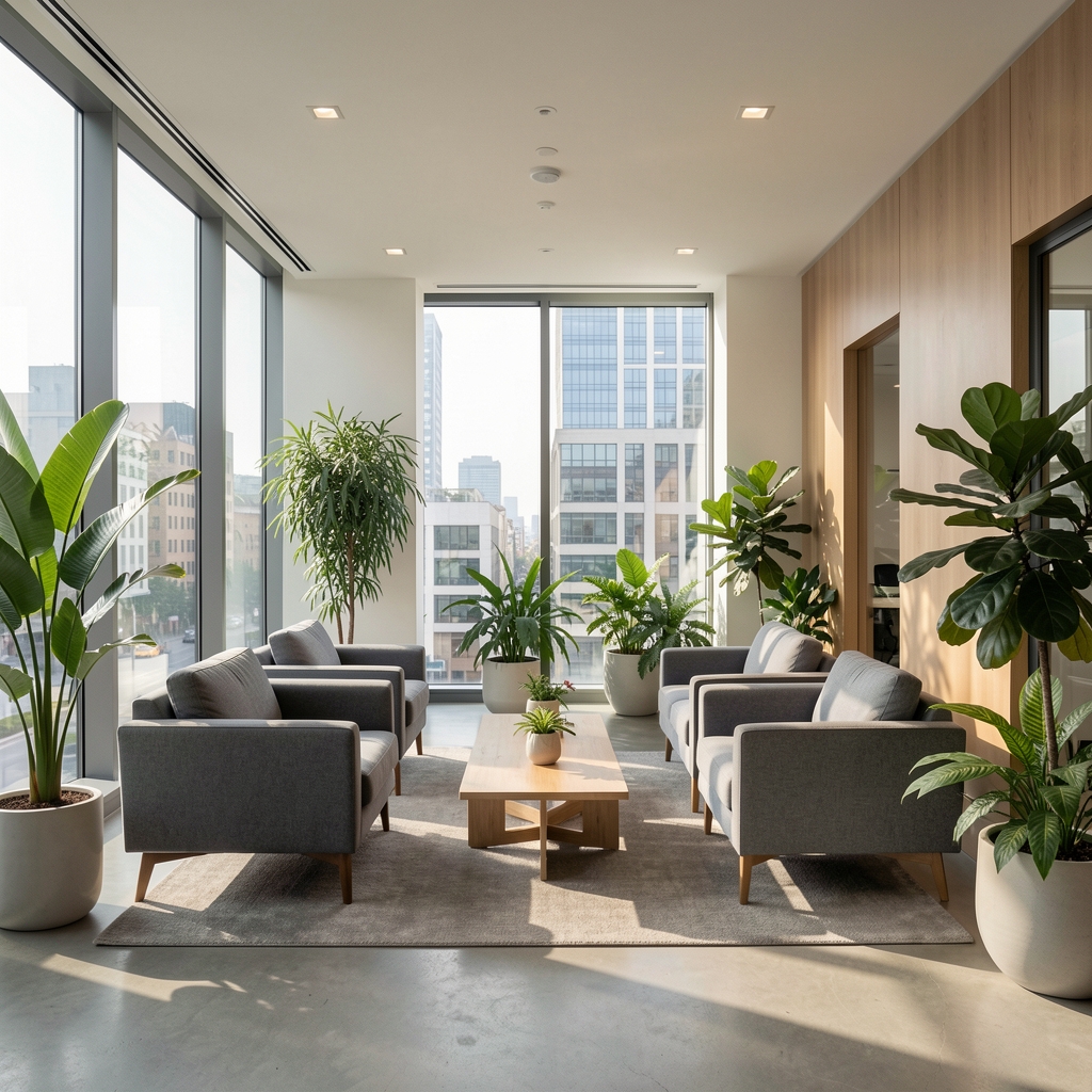 Recepción moderna de un edificio de oficinas con sillones grises, plantas naturales y luz natural entrando por ventanales
