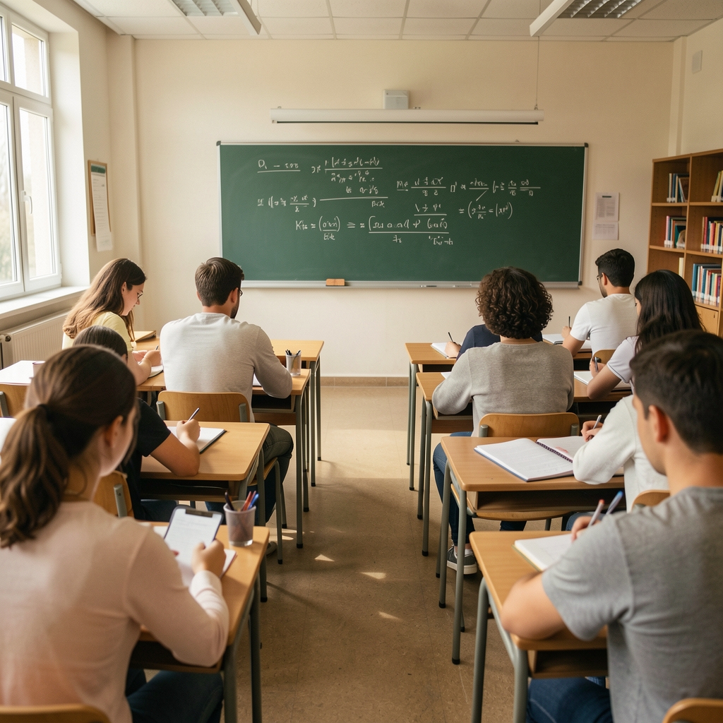 Aula universitaria luminosa con estudiantes tomando apuntes durante una clase de contabilidad, con un pizarrón con fórmulas al fondo