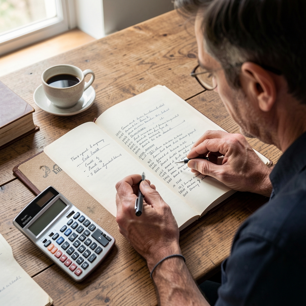Contador revisando un libro mayor impreso con anotaciones manuscritas junto a una calculadora y una taza de café sobre un escritorio de madera