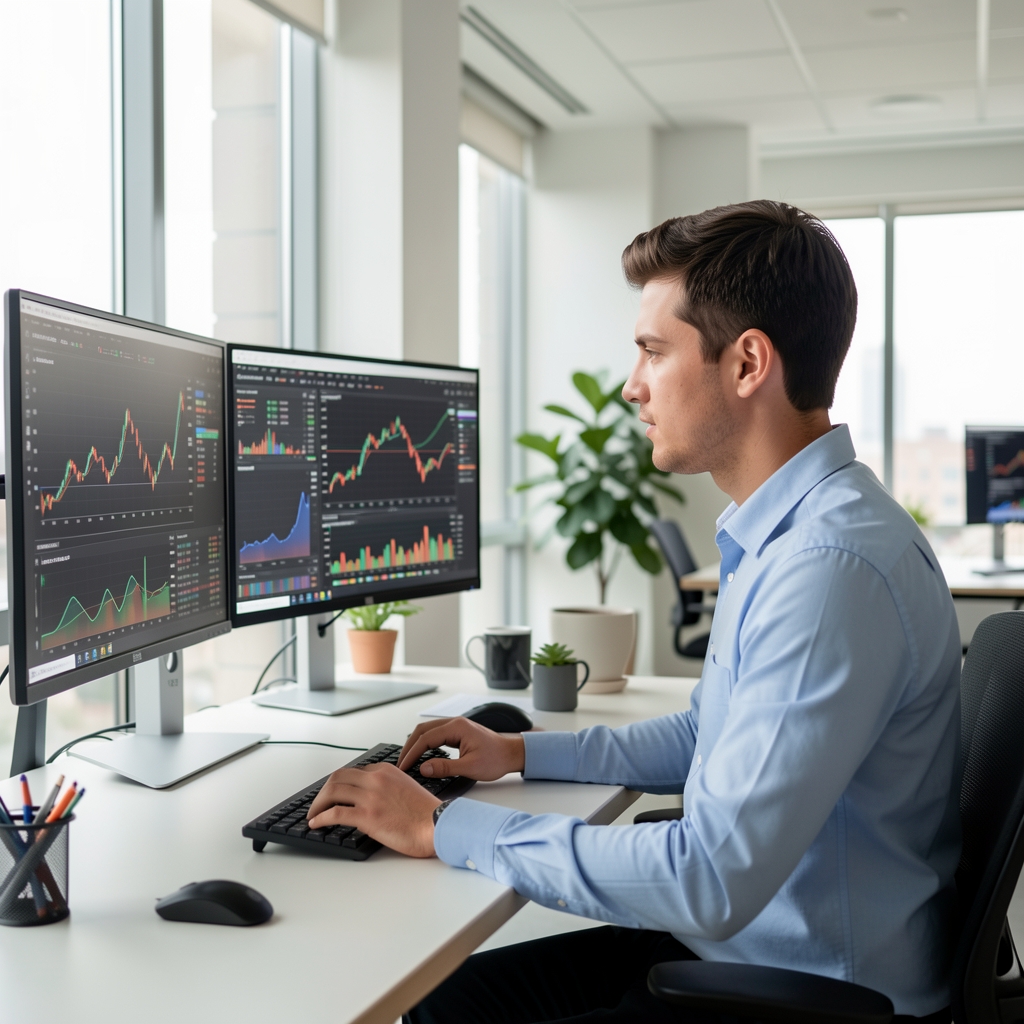 Joven profesional analizando paneles de datos financieros en múltiples pantallas dentro de una oficina moderna con luz natural