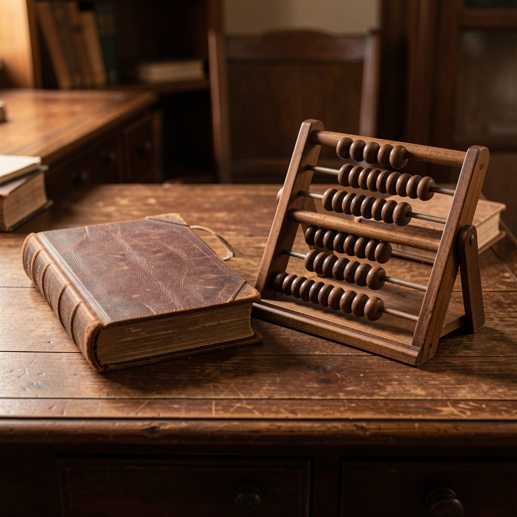 Libro contable antiguo de tapas de cuero junto a un ábaco de madera vintage sobre un escritorio de madera oscura, con luz cálida