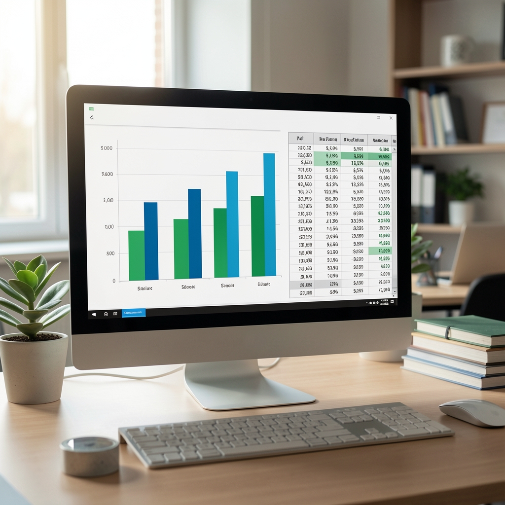 Pantalla de computadora mostrando un gráfico de barras y una planilla de cálculo con columnas de números financieros en un entorno de oficina