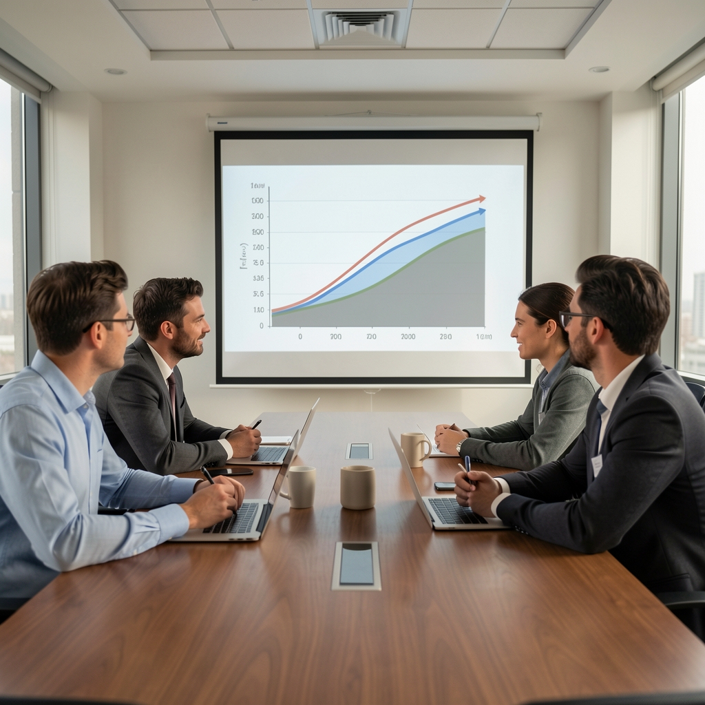Equipo de trabajo en una sala de reuniones discutiendo un gráfico de riesgo proyectado en una pantalla con curvas y áreas sombreadas