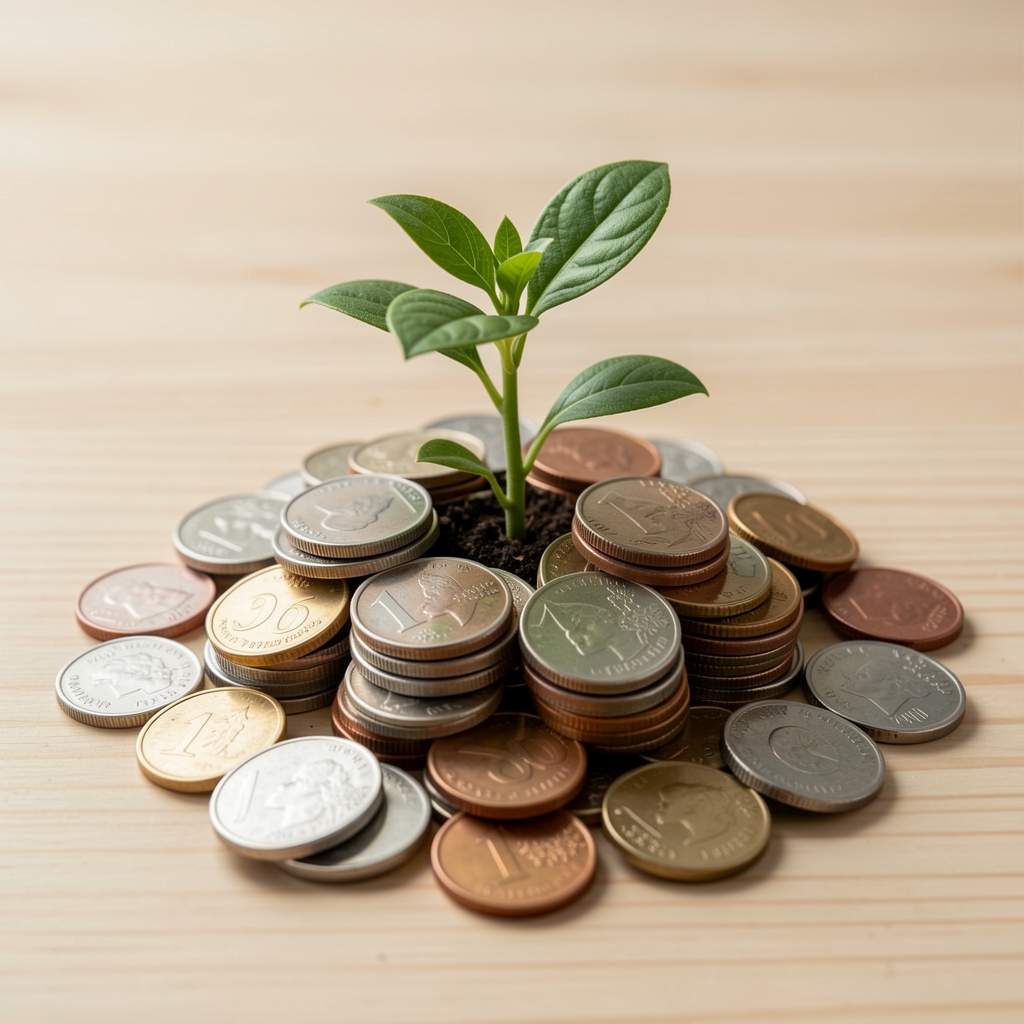 Planta pequeña creciendo entre una pila ordenada de monedas sobre una superficie de madera clara, representando el crecimiento sostenible